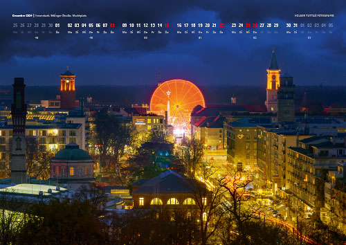 Kalenderblatt Dezember 2024: Blick in die Innenstadt aud das Riesenrad auf dem Marktplatz Karlsruhe