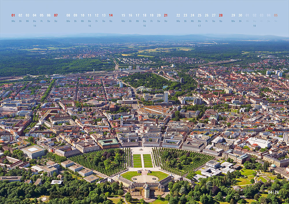 Kalender Karlsruhe 2024 Kalenderblatt April: Luftbild von Karlsruhe
